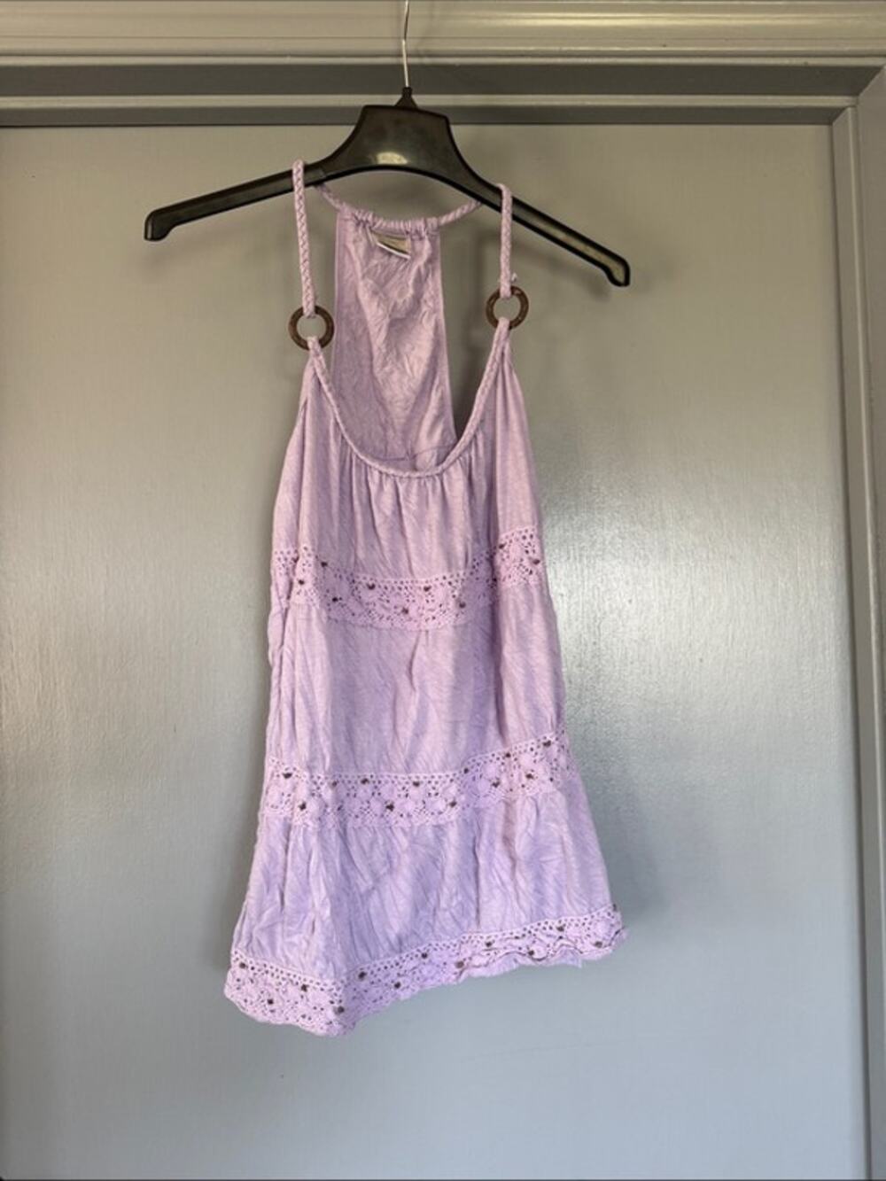 Inked & Faded Women's Lavender Pullover Strappy Tank Top Lace Beads Cotton sz L